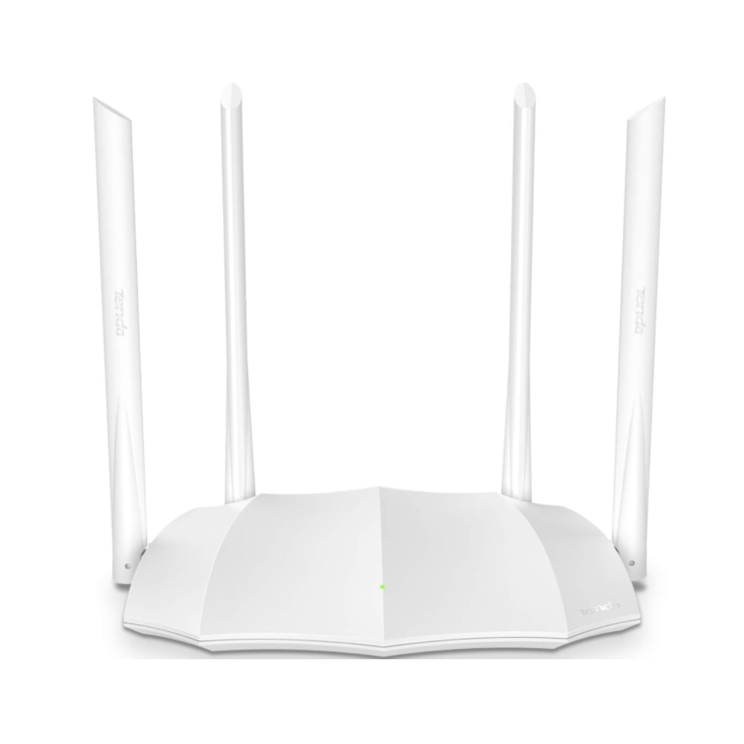 White wireless router with multiple antennas on a white background